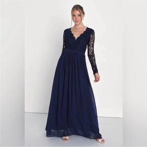 Lulus Navy Blue Long Sleeve Lace Maxi Dress Size M Romantic Open Back A-Line